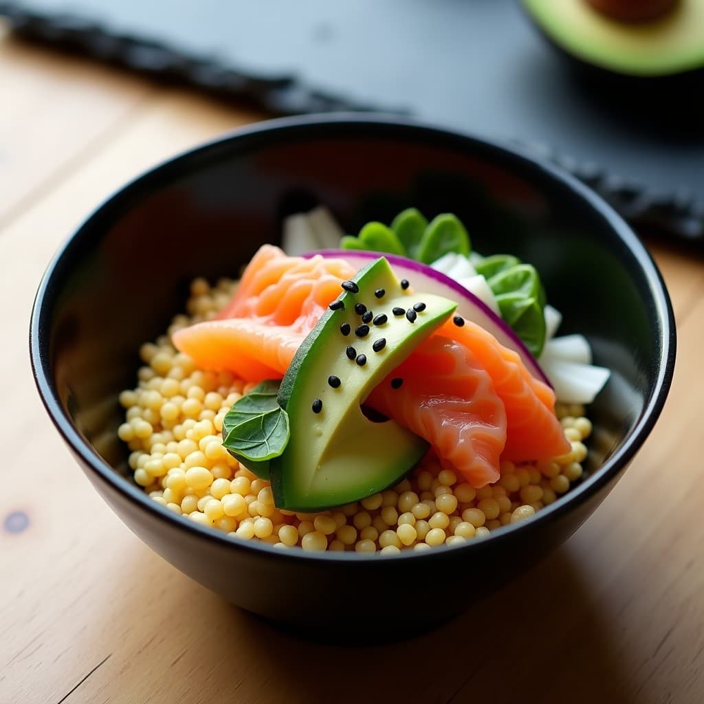 Bowl de Mijo inflado y Salmón Ahumado con Aderezo de Wasabi: Receta Japonesa Alta en Omega-3