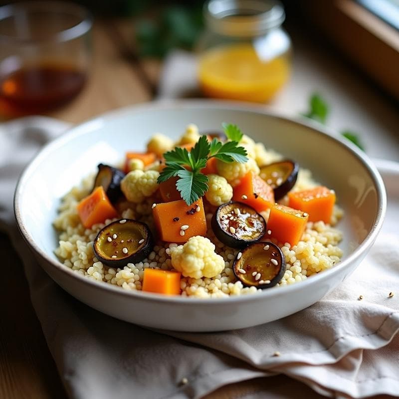 Bowl de Mijo y Vegetales Asados con Aderezo de Mostaza y Miel: Receta Sin Gluten