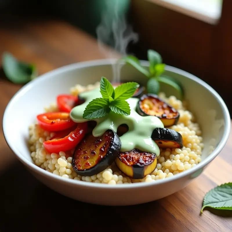 Bowl de Mijo con Verduras Asadas y Aderezo de Yogur de Soja y Menta: Receta Turca Vegana en Olla Exprés