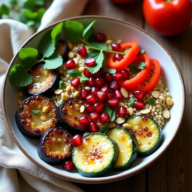 Bowl de Mijo y Verduras Asadas con Aderezo de Tahini y Limón: Desayuno Libanés Vegano y Sin Gluten