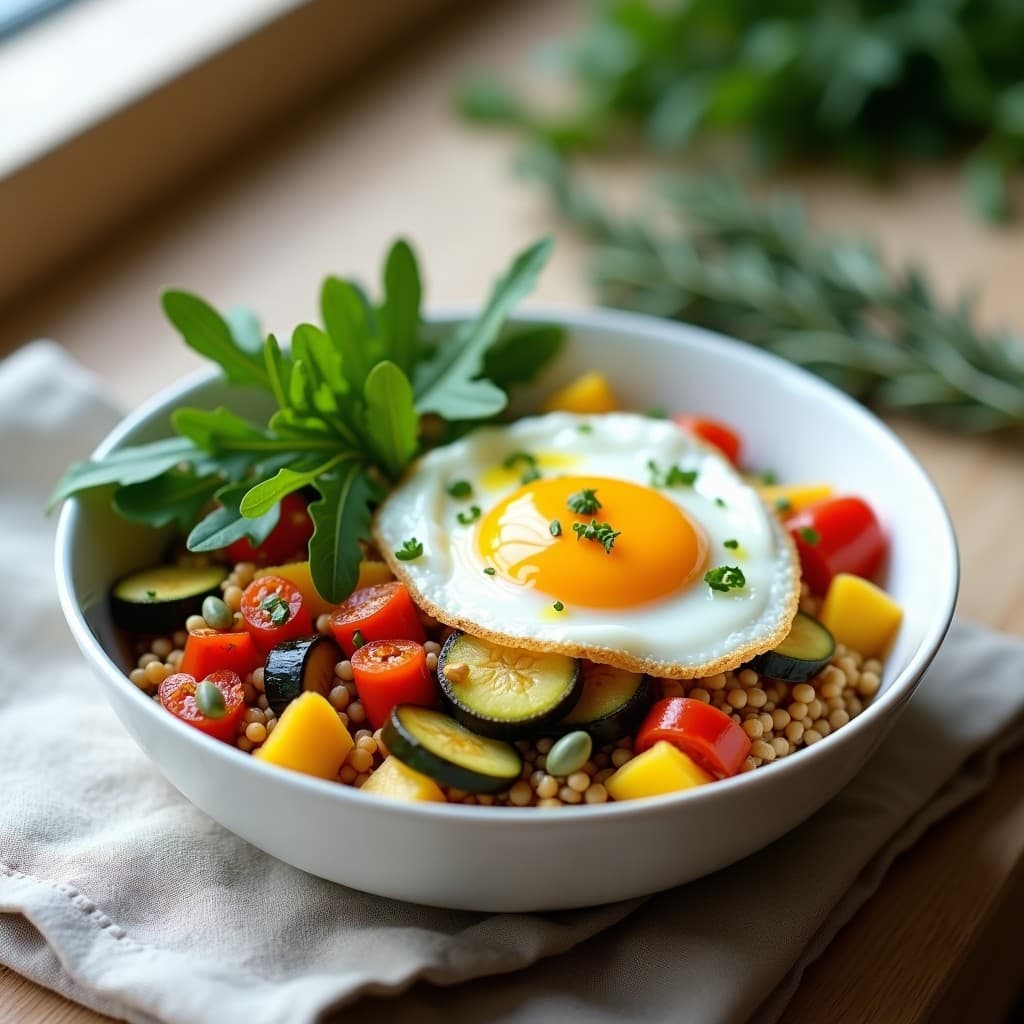 Bowl de Mijo Salteado con Verduras y Huevo Poché: Desayuno Francés Sin Gluten y Alto en Proteína