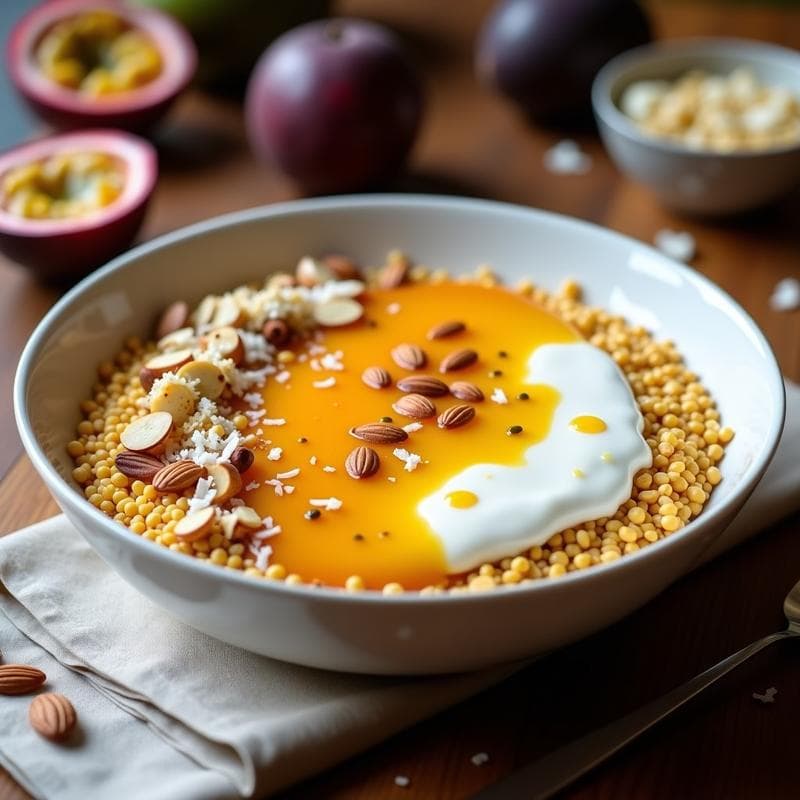 Bowl de Mijo Inflado con Yogur de Soja y Granadilla: Desayuno Sudafricano Sin Lactosa y Alto en Fibra
