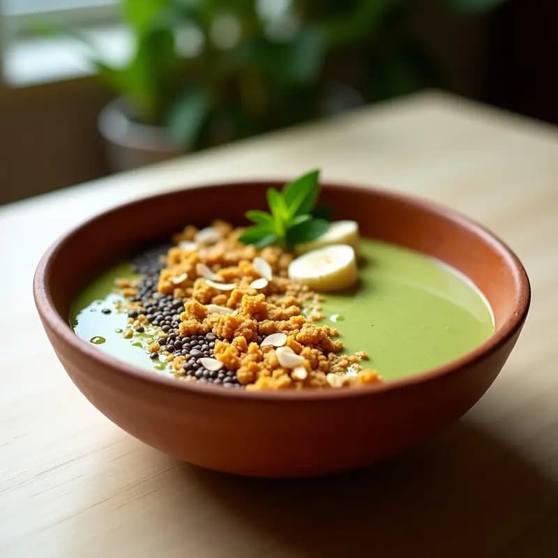 B bowl de Moringa y Plátano con Granola de Cúrcuma: Desayuno Indio Vegano y Energético