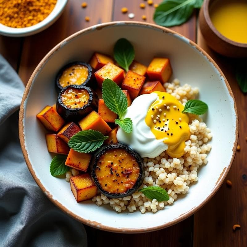 Bowl Moruno de Berenjena y Tofu Ahumado: Receta Vegana con Especias Auténticas en 25 Minutos