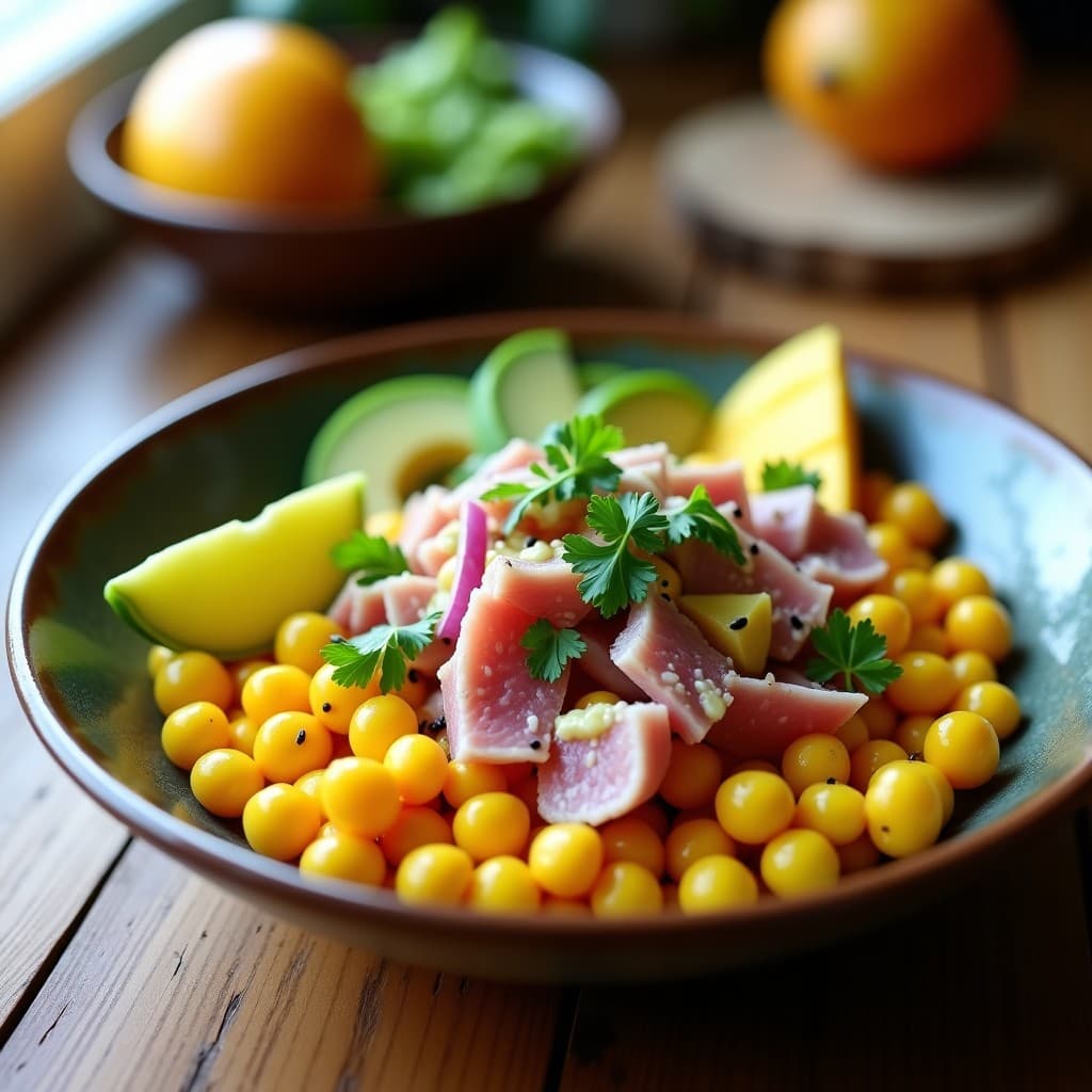 Bowl de Perlitas de Maíz y Atún con Aderezo de Mango: Receta Peruana Alta en Omega-3