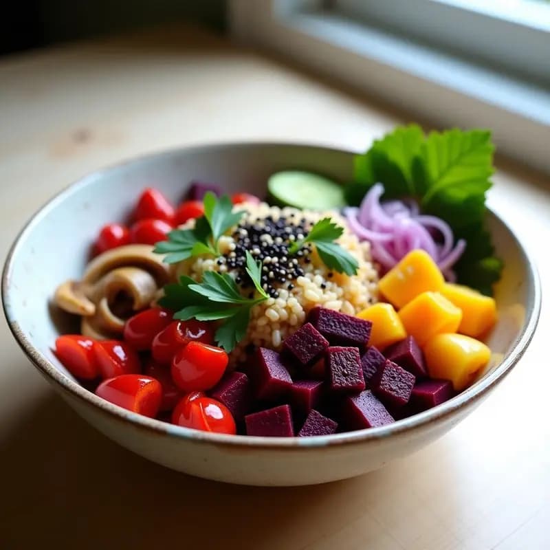 Bowl de Poke de Remolacha: Receta Hawaiana Vegana con Arroz de Coliflor y Salsa de Soja Tamari
