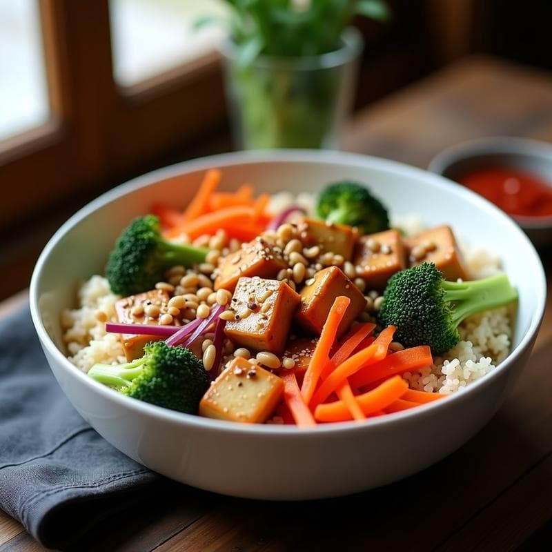 Bowl Proteico de Tofu con Cacahuete y Salsa Teriyaki: Receta Alta en Proteína en 20 Minutos