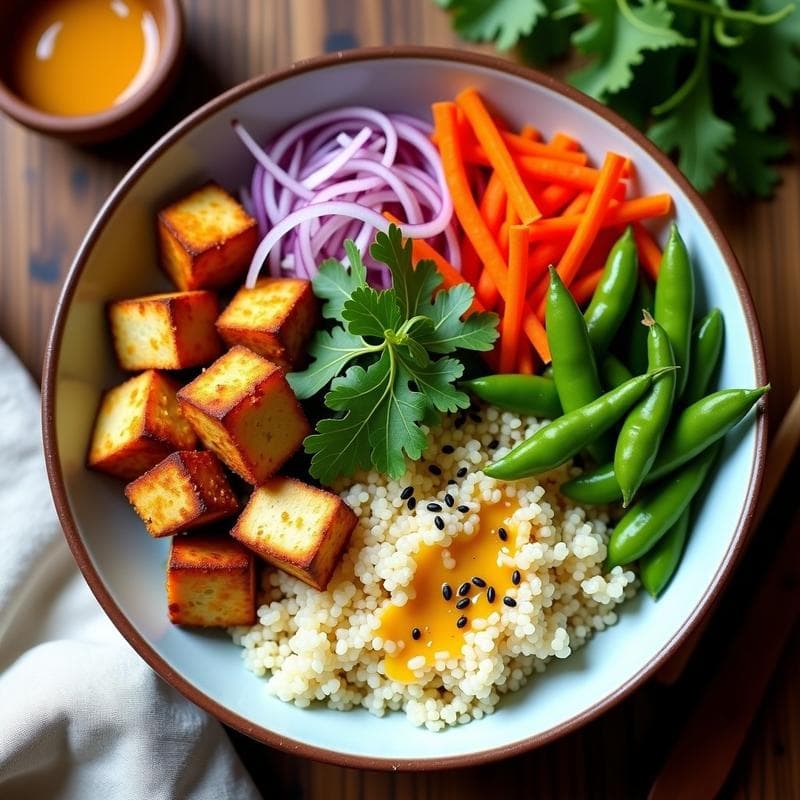 Bowl Proteico de Tofu y Edamame: Receta con Quinoa y Salsa de Sésamo en 20 Minutos