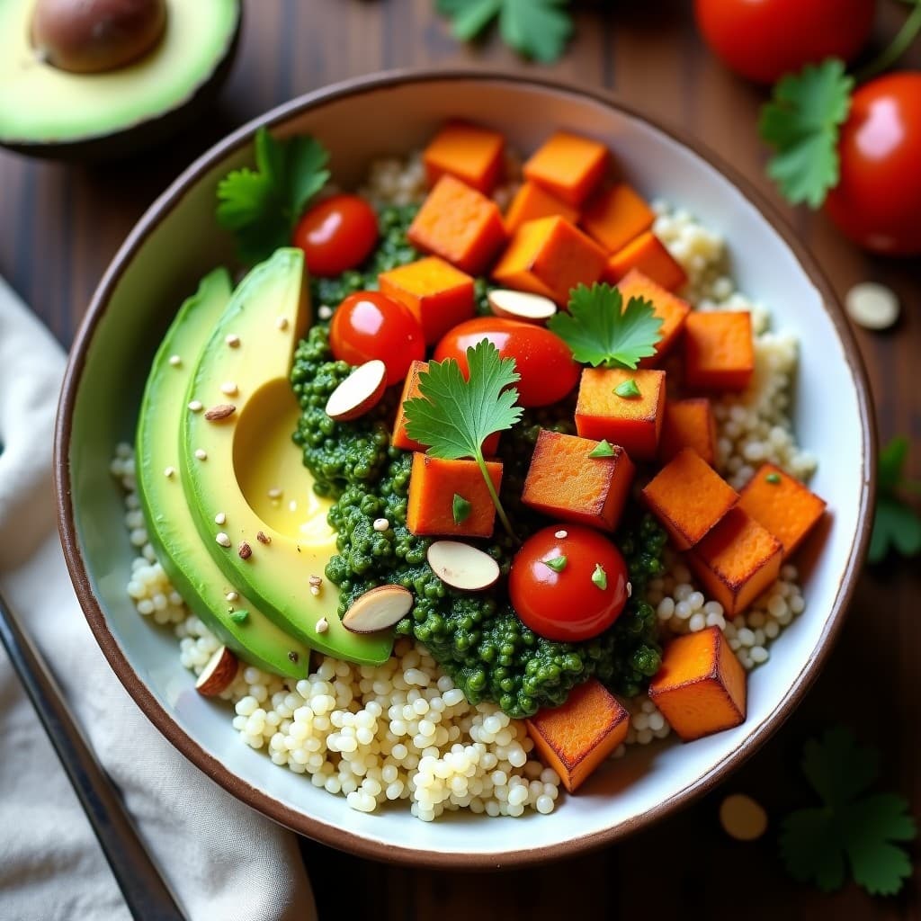 Bowl de Quinoa con Batata Asada y Pesto de Espinacas: Receta Peruana Vegana y Sin Cocción