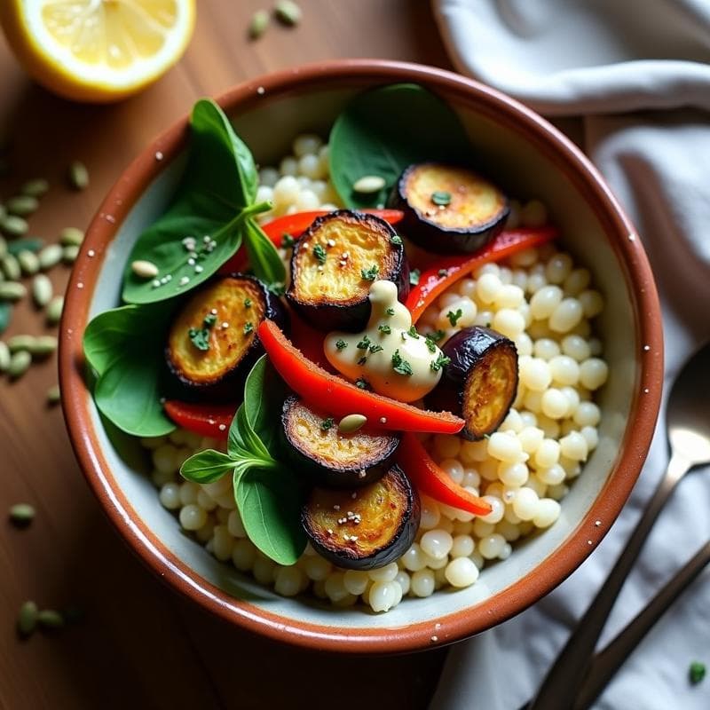 Bowl de Quinoa con Hierbas Provenzales y Berenjena Asada: Receta Vegana Alta en Proteína en Thermomix