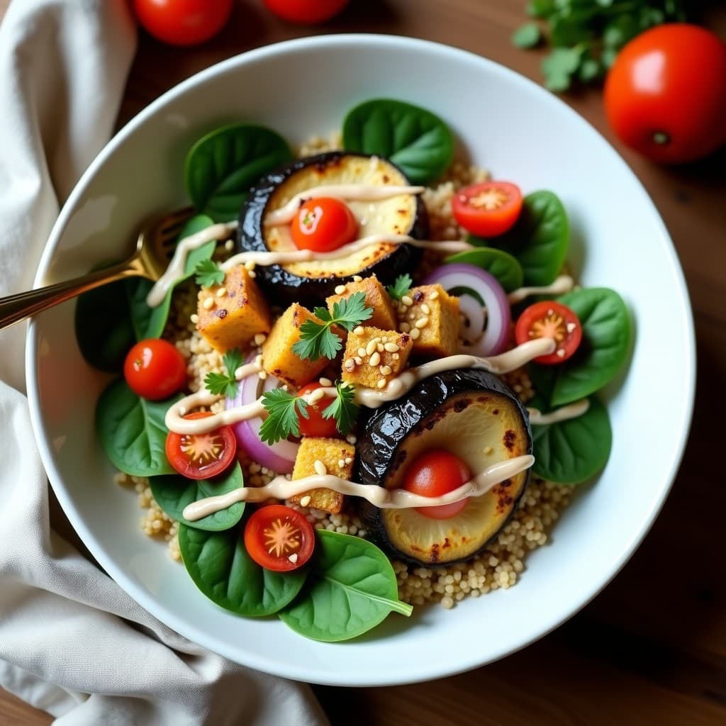 Bowl de Quinoa con Berenjena Asada y Tahini de Limón: Plato Principal Vegano y Sin Gluten