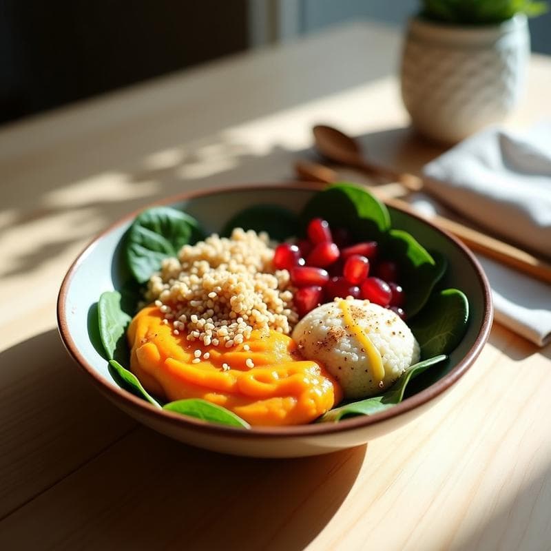 Bowl de Quinoa con Puré de Boniato y Aderezo de Cacahuete: Desayuno Alta en Proteína y Sin Gluten