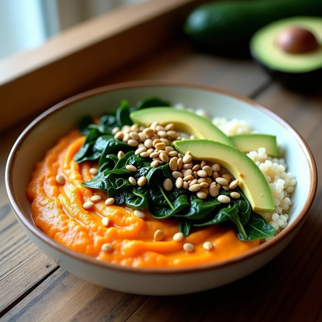 Bowl de Quinoa con Puré de Boniato y Espinacas Salteadas: Receta Vegana Post-Entreno