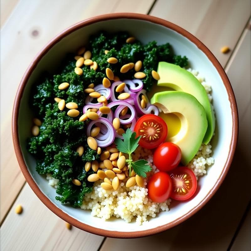 Bowl de Quinoa con Salteado de Col Rizada y Semillas de Calabaza: Desayuno Alta en Hierro