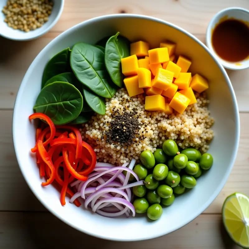 Bowls de Quinoa, Edamame y Mango: Receta Japonesa con Aderezo de Sésamo y Lima