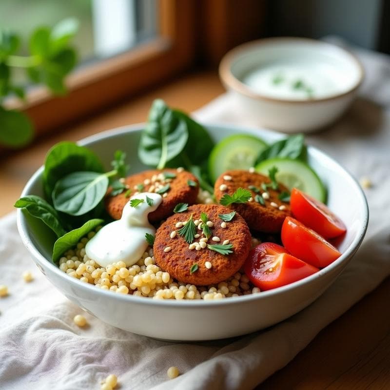 Bowl de Quinoa con Falafel de Remolacha y Salsa de Yogur: Receta Vegana y Sin Gluten en 25 Minutos