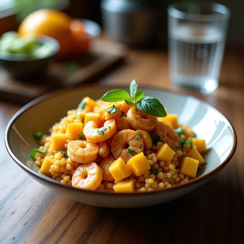 Bowl de Quinoa con Garnelen (Gambas) y Salsa de Mango: Receta Alemana Fusion Alta en Proteína