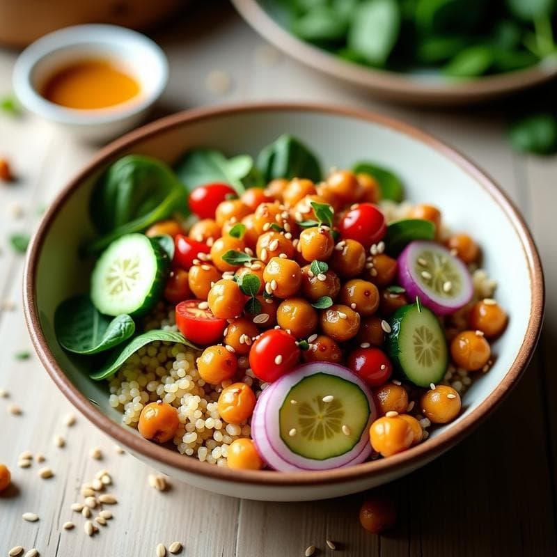 Bowl de Quinoa con Garbanzos Crujientes y Salsa de Limón y Ajo Negro: Receta en Airfryer