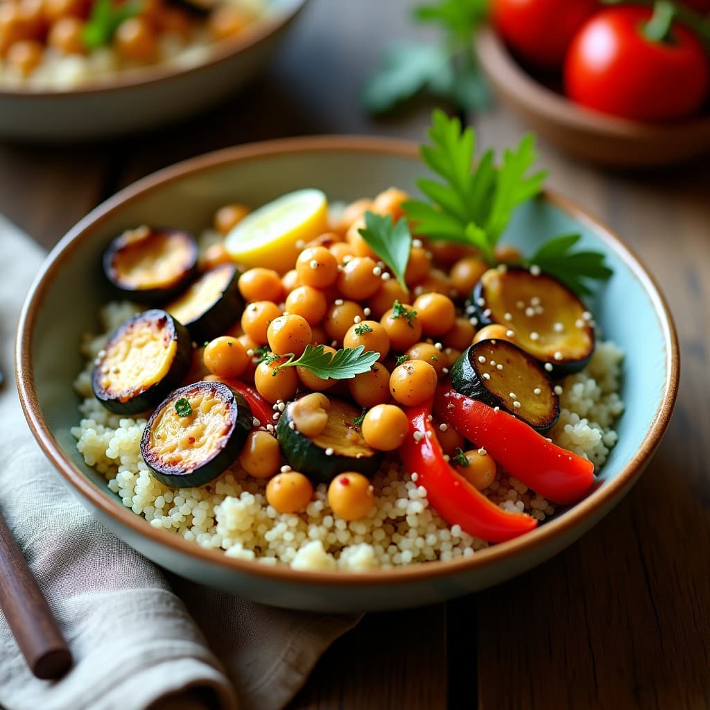 Bowl de Quinoa con Garbanzos al Comino y Verduras Asadas: Receta Vegana de Oriente Medio