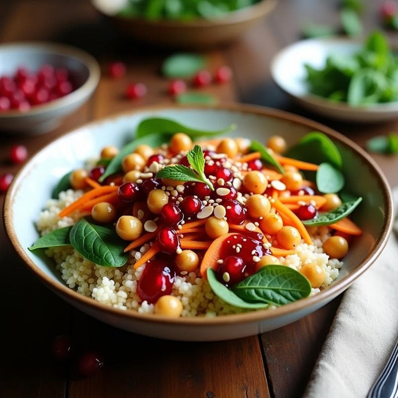 Bowl de Quinoa y Garbanzos Tostados con Aderezo de Granado y menta: Receta Vegana y Crunchy