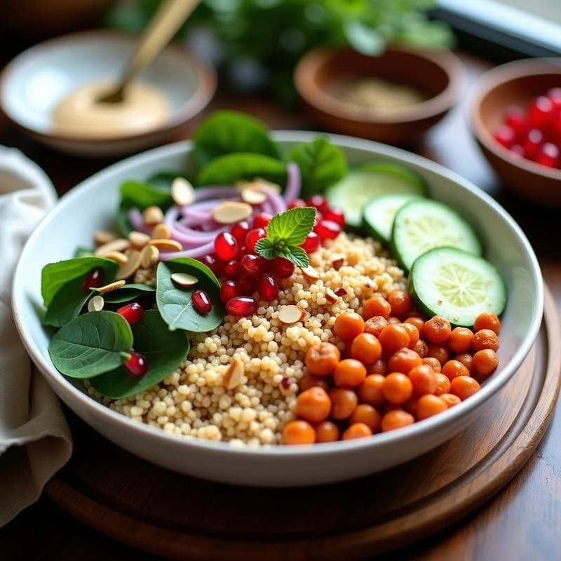 Bowl de Basket de Quinoa y Garbanzos con Salsa de Tahini y Granada: Receta Libanesa