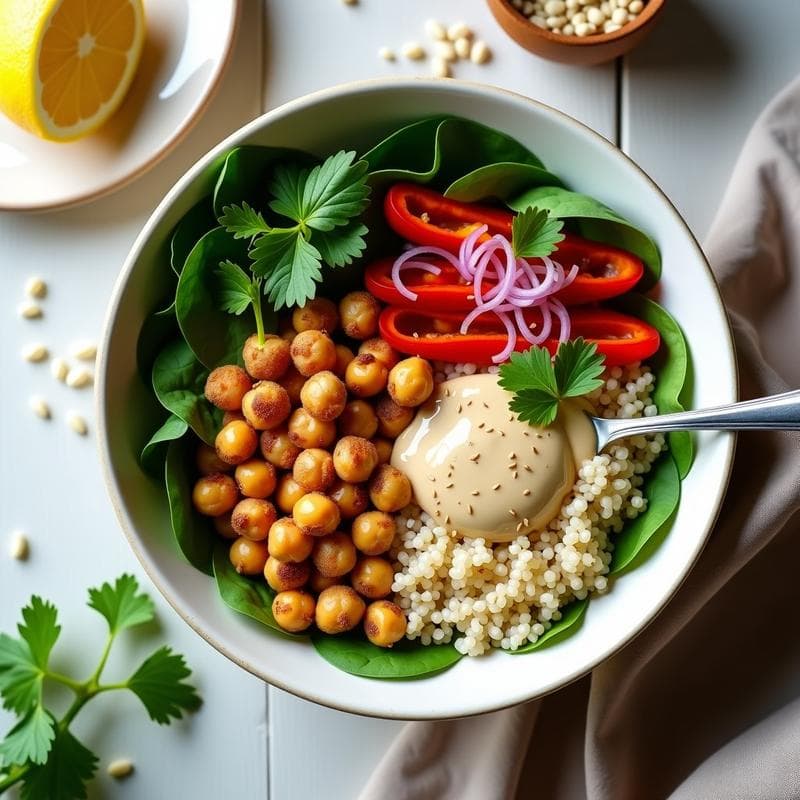 Bowl de Quinoa con Garbanzos y Tahini: Desayuno Árabe Keto y Sin Gluten