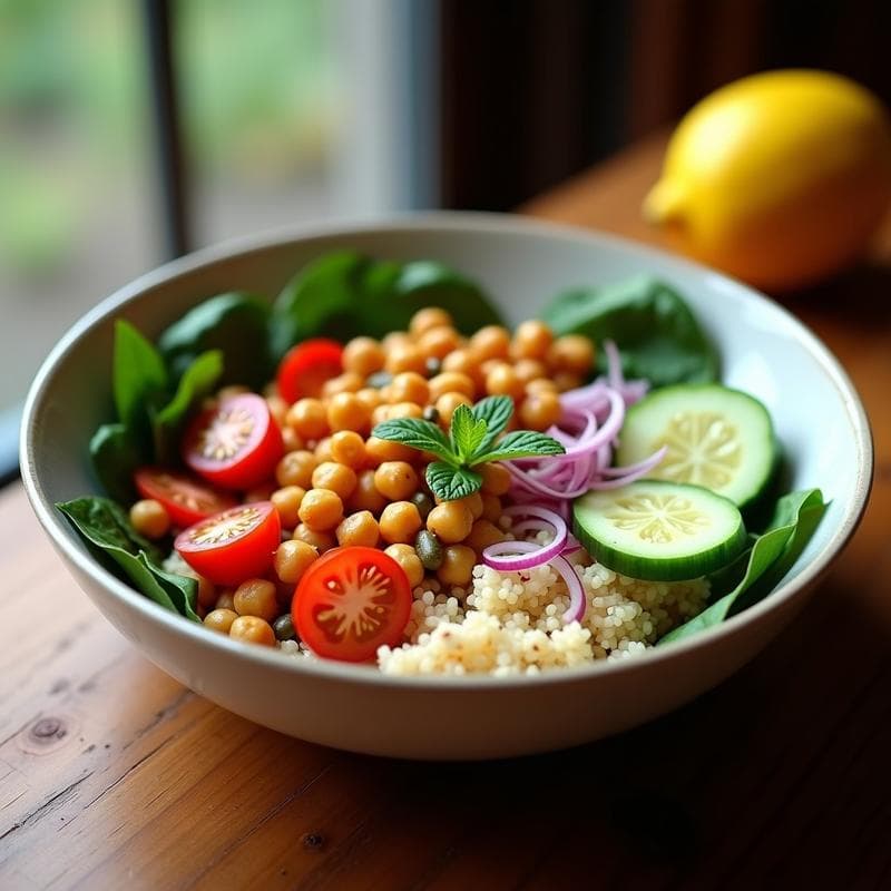 Bowl de Quinoa con Garbanzos Crujientes y Aderezo de Tahini: Desayuno Proteico y Vegano