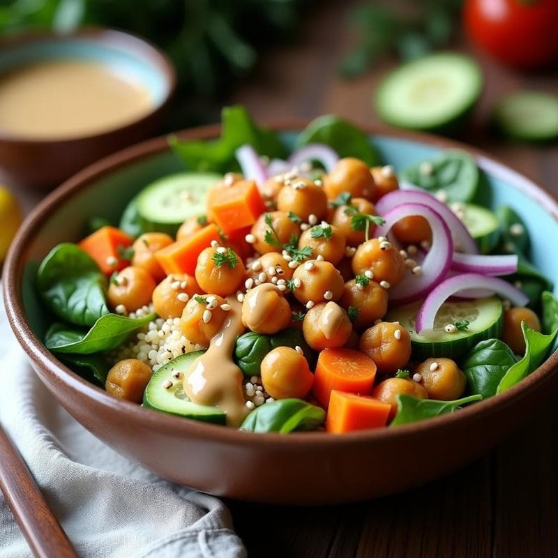 Bowl de Quinoa con Garbanzos Crujientes y Salsa de Tahini: Receta Vegana y Alta en Proteína
