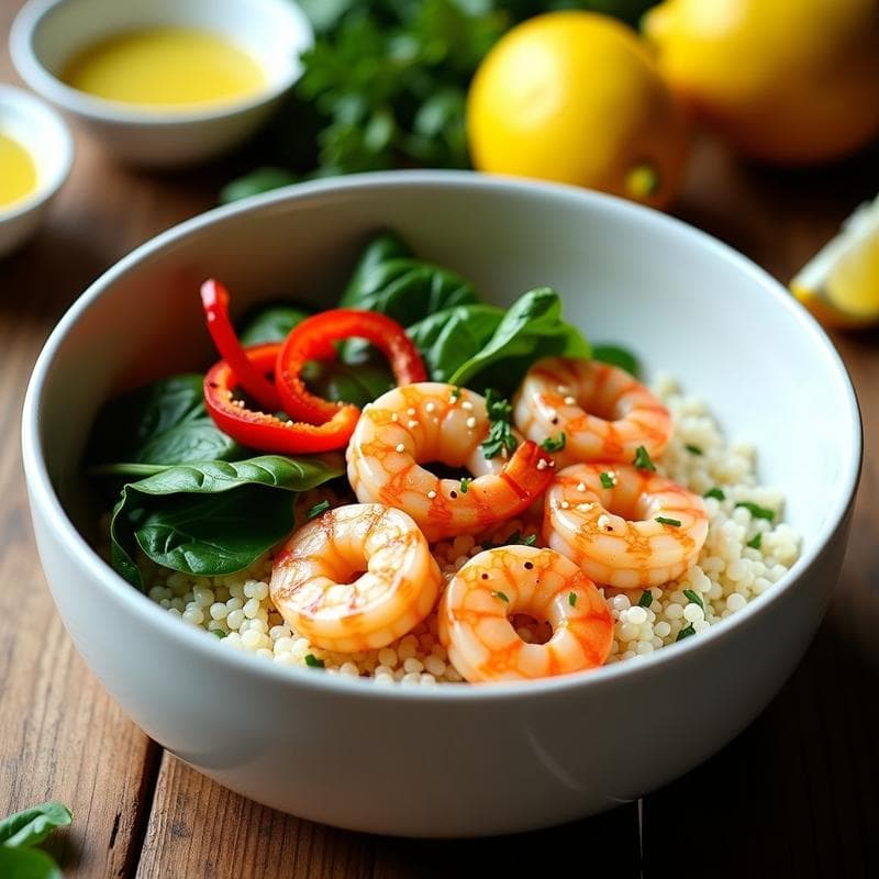 Bowl de Quinoa con Garnelen y Aderezo de Limón y Ajo: Receta Alemana Keto y Alta en Omega-3