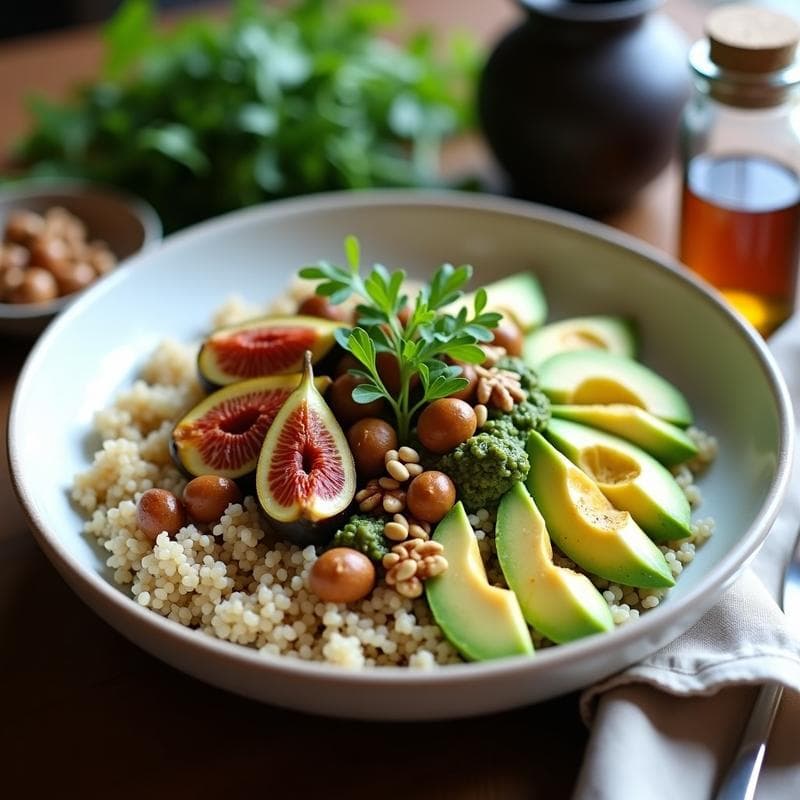 Bowl de Quinoa con Higos Caramelizados y Pesto de Rúcula: Receta Vegana en 20 Minutos
