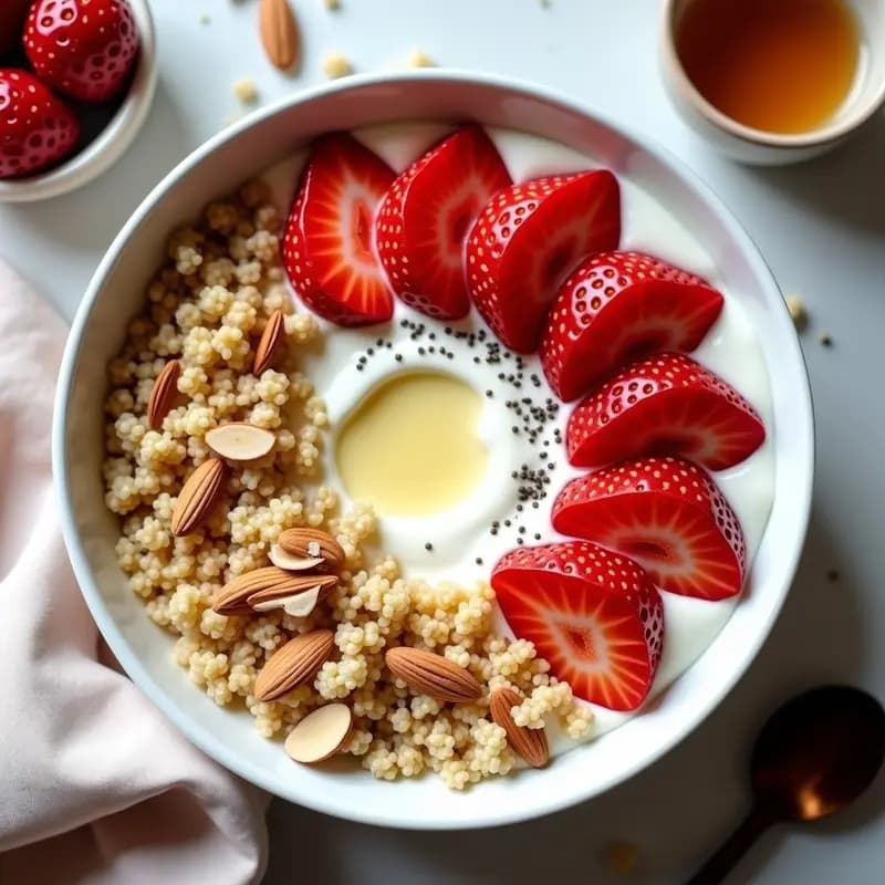 Bowl de Quinoa Inflada con Yogur Griego y Fresas: Desayuno Proteico en 5 Minutos