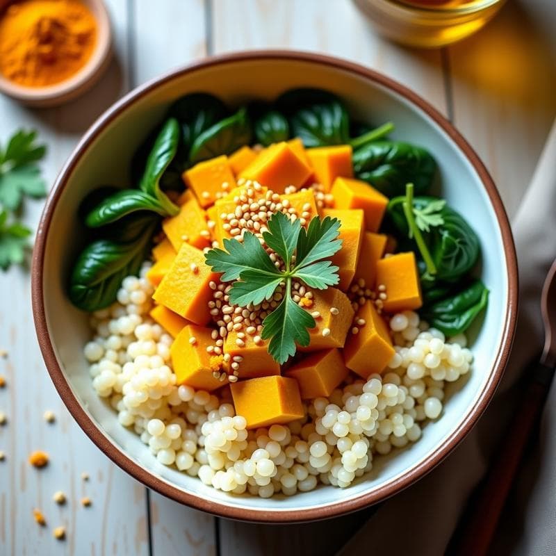 Bowl de Quinoa y Kamut con Curry de Calabaza: Desayuno Antiinflamatorio con Semillas de Cálamo