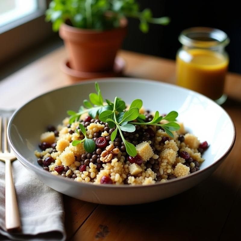 Bowl de Quinoa y Lentejas Puyendo con Vinagreta de Mostaza: Desayuno Francés Alto en Hierro