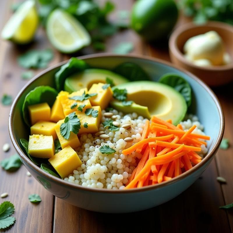 Bowl de Quinoa y Mango con Aderezo de Cilantro: Receta Vegana y Alta en Fibra