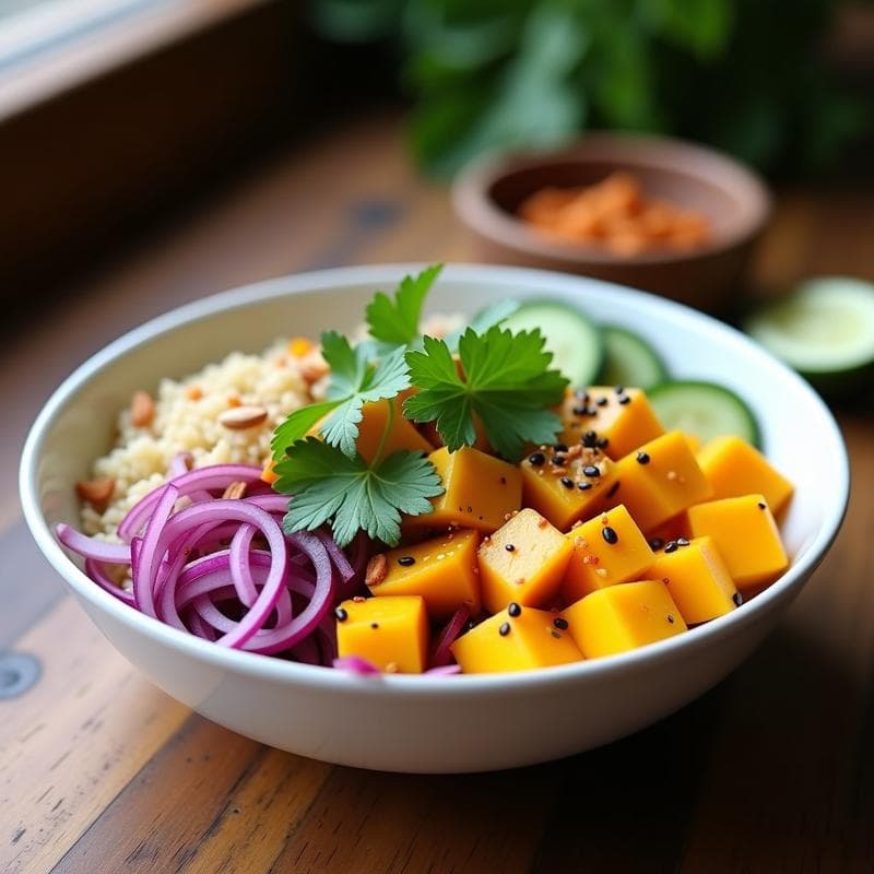 Bowl de Quinoa y Mango con Aderezo de Tamarindo: Receta India Vegana y Sin Cocción
