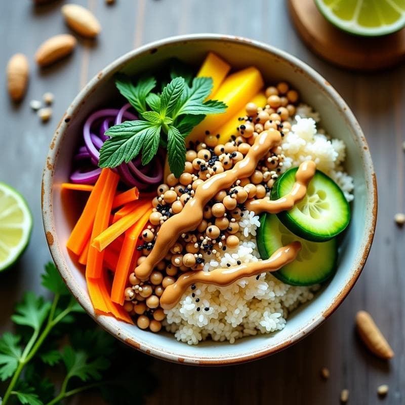 Bowl de Quinoa con Mango Verde y Aderezo de Cacahuete: Receta Tailandesa Vegana y Energética