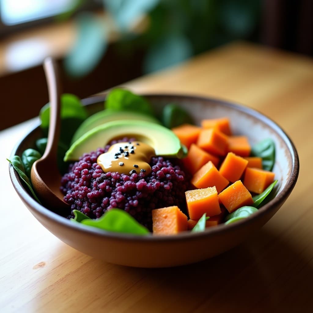 Bowl de Quinoa Morada y Batata Asada con Aderezo de Misoz: Receta Vegana en Olla Express