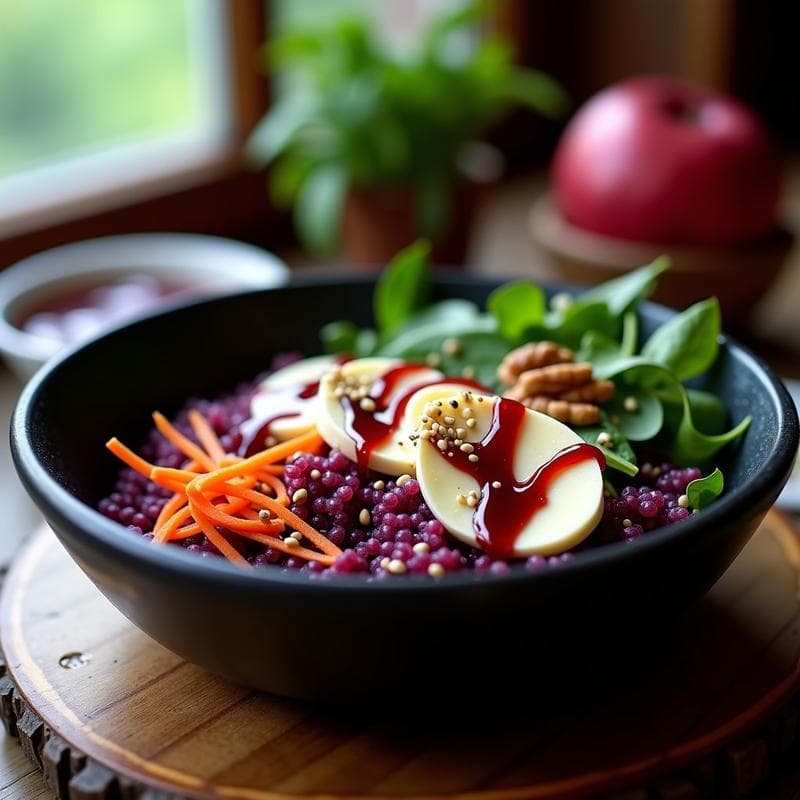 Bowl de Quinoa Morada con Camembert Fundido y Reducción de Granadina: Receta Peruana Fusion