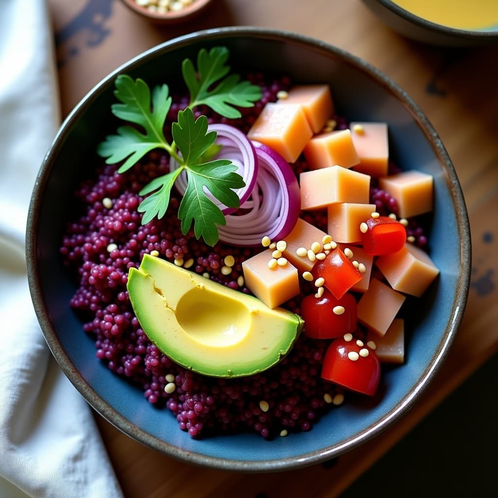 Bowl de Quinoa Morada con Ceviche de Palmito y Tigre de Leche: Receta Fusion Peruano-Brasileña