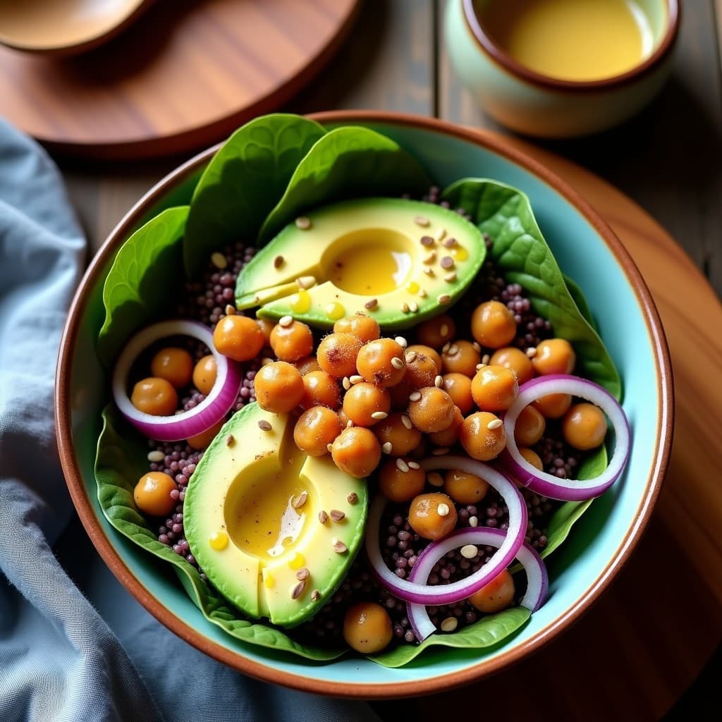 Bowl de Quinoa Morada y Garbanzos Crujientes: Receta Keto con Vinagreta de Tamarindo y Jengibre