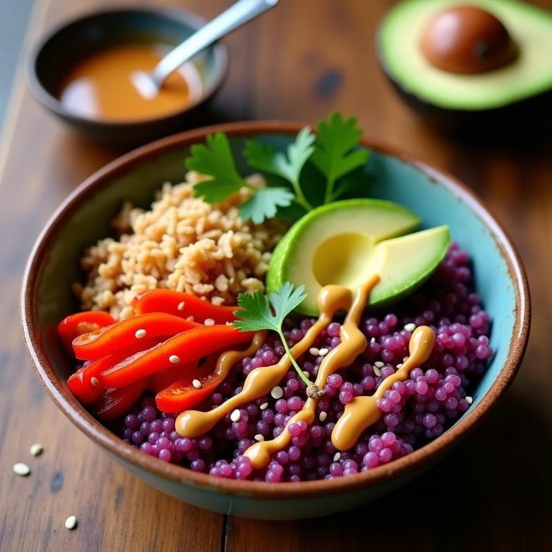 Bowl de Quinoa Morada y Jackfruit: Receta Vegana con Salsa de Cacahuete