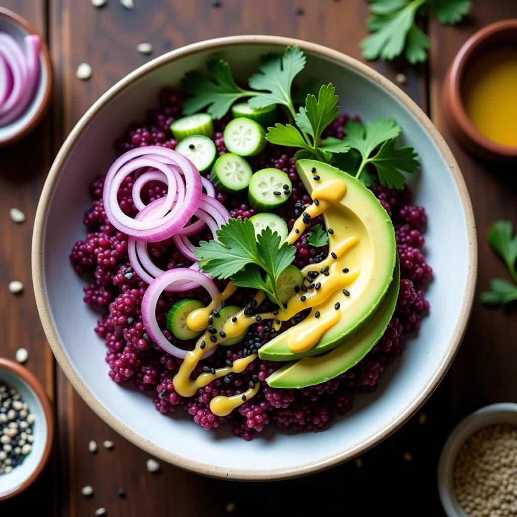 Bowl de Quinoa Morada con Pepino y Vinagreta de Miso: Receta Peruana Detox