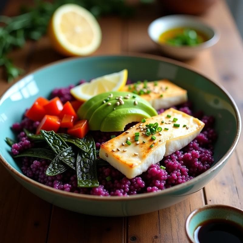 Bowl de Quinoa Morada con Pescado Blanco al Limón y Crujiente de Algas