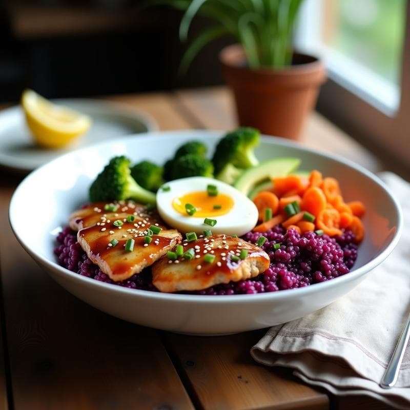 Bowl de quinoa morada con pollo teriyaki sin soja: Receta en Airfryer baja en sodio