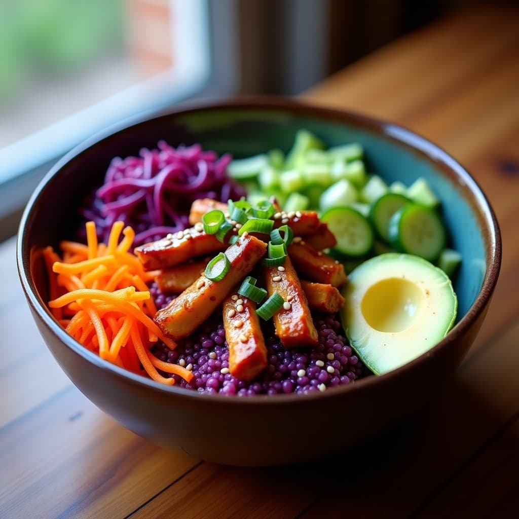 Bowl de Quinoa Morada con Pollo Teriyaki y Vegetales Fermentados: Receta Fusion Keto