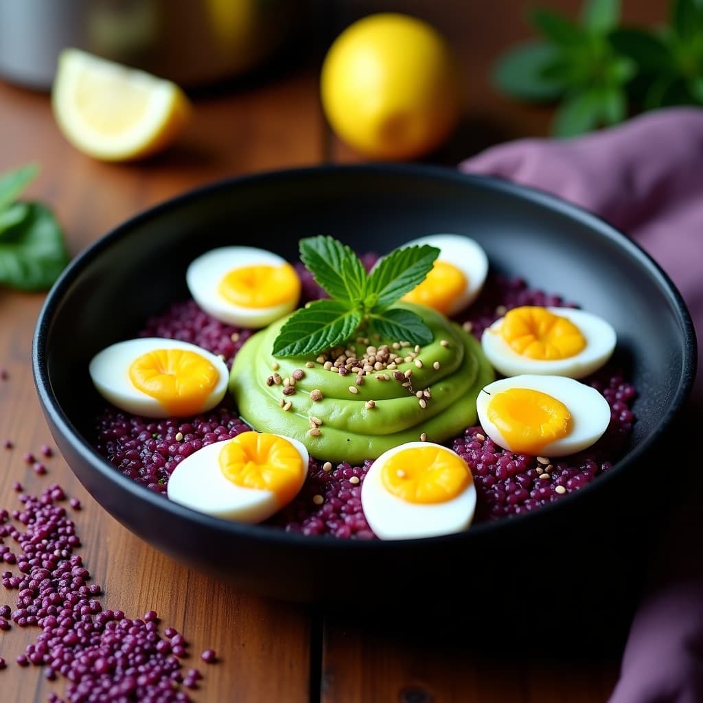 Bowl de Quinoa Morada con Puré de Guisantes y Huevos de Codorniz: Receta Peruana Alta en Hierro