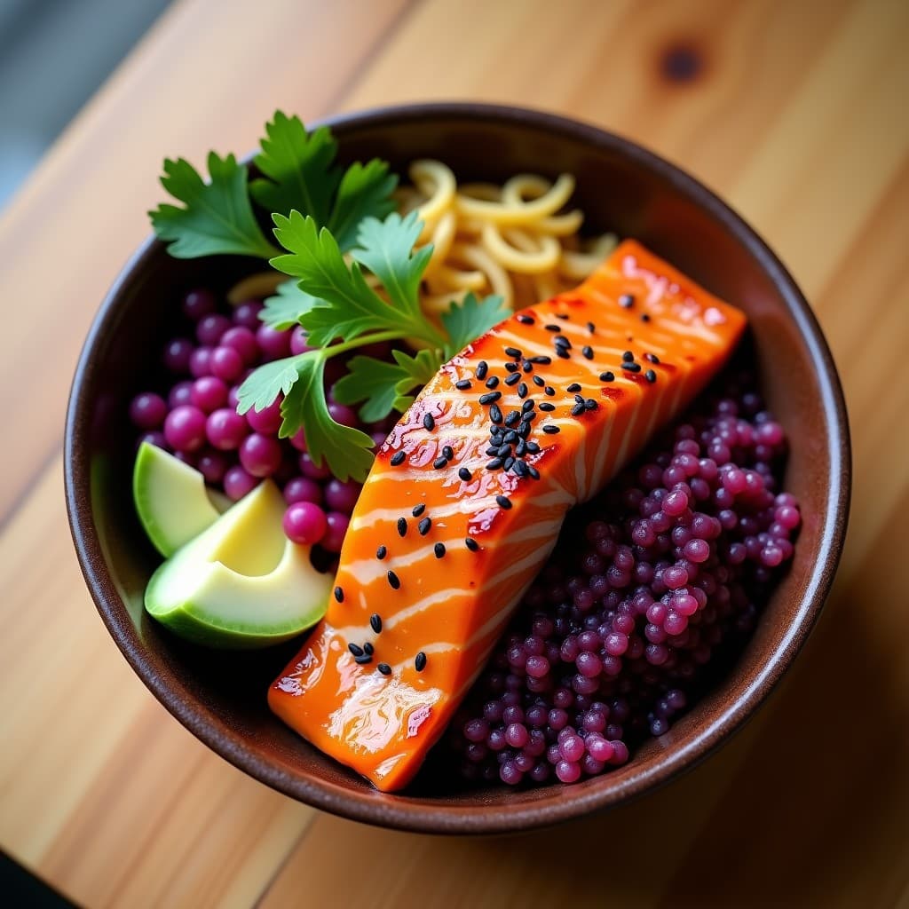 Bowl de Quinoa Morada con Salmón Marinado en Miso Blanco: Receta Fusion Japonesa-Peruana
