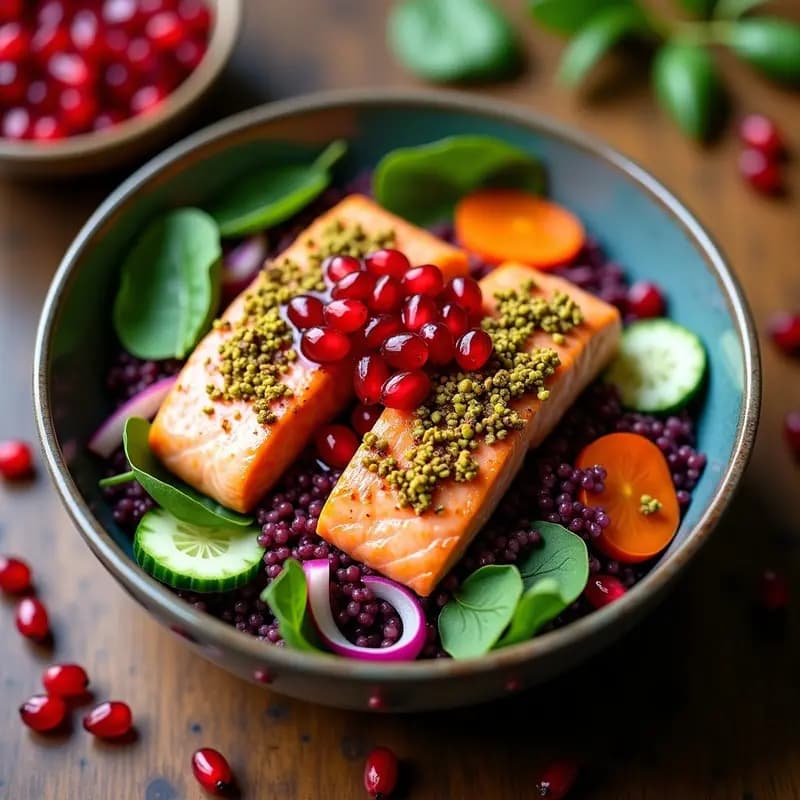 Bowl de Quinoa Morada con Salmón al Pistacho y Salsa de Granado: Receta Alta en Omega-3