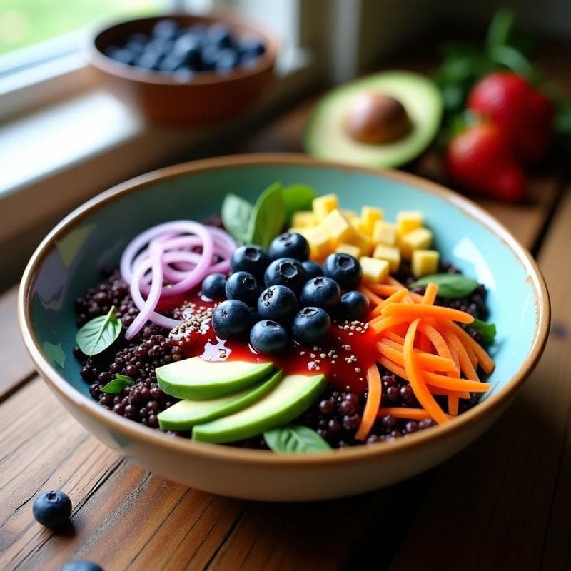 Bowl de Quinoa Negra y Arándanos con Aderezo de Vinagre de Frambuesa: Receta Gluten-Free