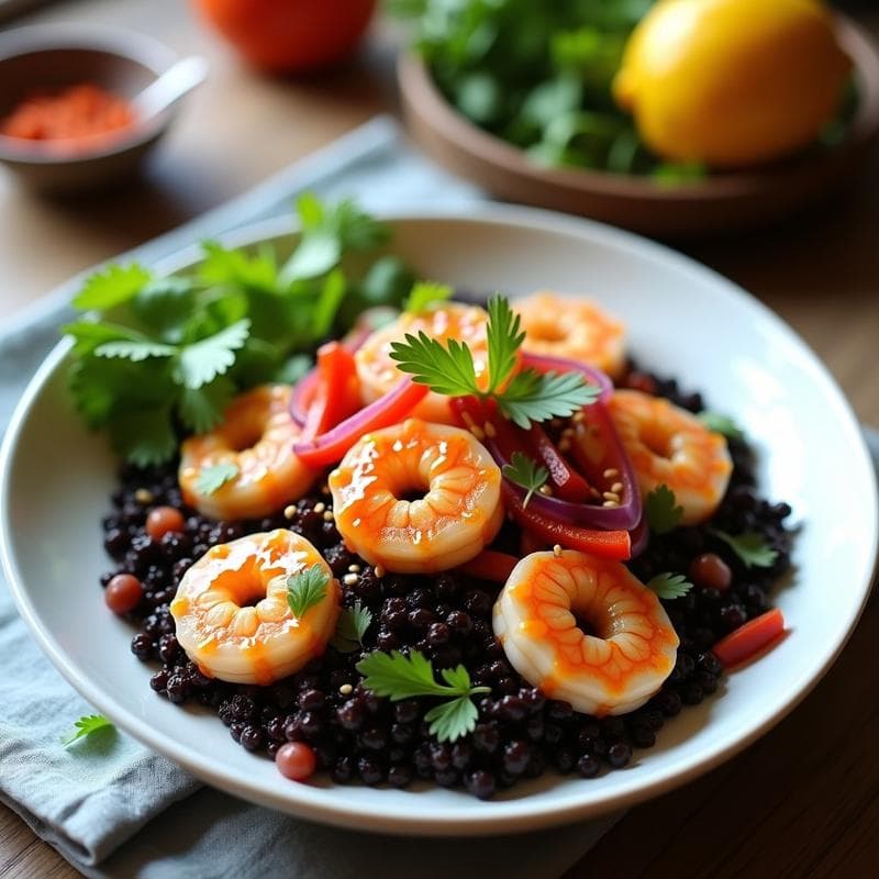 Bowl de Quinoa Negra con Camarones y Salsa de Mango Habanero: Receta Fusion en 20 Minutos